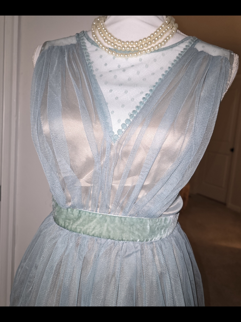 Powder Blue Sheer Tulle Cocktail Dress with Velvet Waistband Tan Underslip Large - Picture 5 of 16